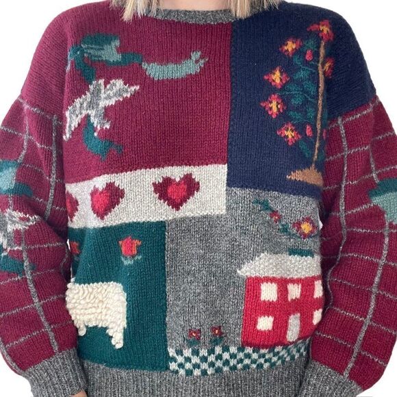 Vintage Womens Deans of Scotland Hand Knit Cottagecore Farm Scene Wool Sweater - Picture 5 of 9